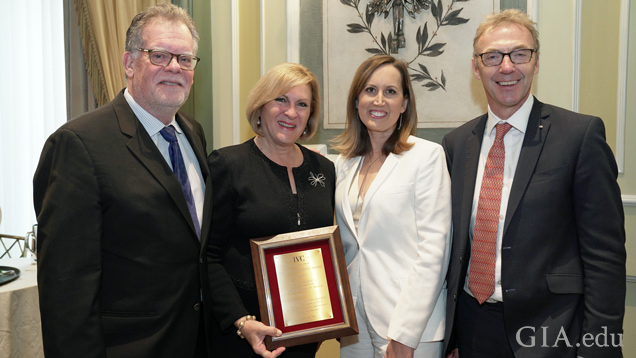 alt="Susan Jacques accepted the Stanley Schechter Award at the Jewelers Vigilance Committee (JVC) luncheon on Jan. 10, 2020. From left: Joel Schechter, retired CEO of Honora; Susan Jacques, GIA president and CEO; Tiffany Stevens, JVC CEO and general counsel; and Charles Stanley, president of Forevermark US and 2020 Chairman of the JVC Board." alt="Susan Jacques accepted the Stanley Schechter Award at the Jewelers Vigilance Committee (JVC) luncheon on Jan. 10, 2020. From left: Joel Schechter, retired CEO of Honora; Susan Jacques, GIA president and CEO; Tiffany Stevens, JVC CEO and general counsel; and Charles Stanley, president of Forevermark US and 2020 Chairman of the JVC Board."